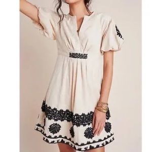 Anthropologie Orla Embroidered Mini Dress Floral V Neck Puff Sleeve